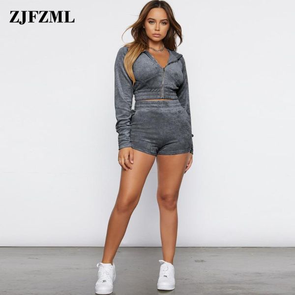 

women's tracksuits casual loungewear sport suit costume hooded drawstring long sleeve crop coat and elastic waist biker short streetwea, Gray