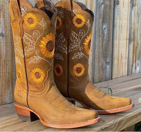 

boots women's pu 2021 fashion long autumn round toe ladies platform flower embroidered ethnic style thick heel shoes, Black