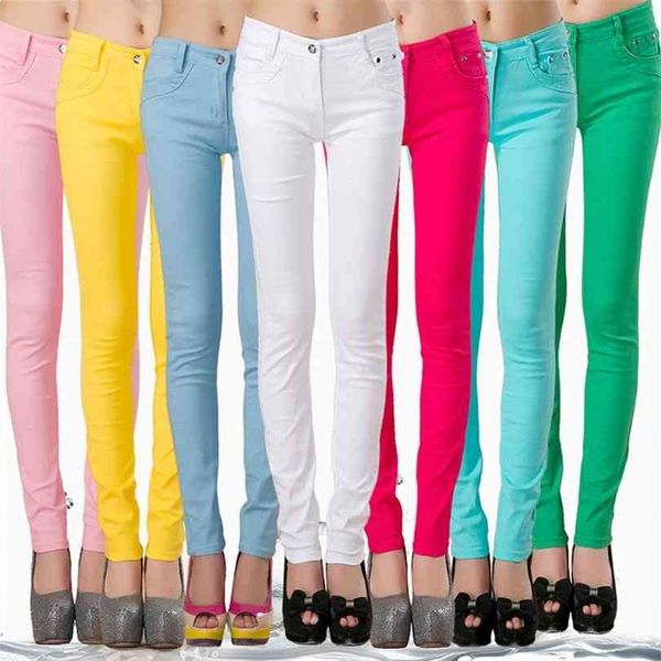 

fsdkfaa women plus size stretch jeans koreans skinny small-leg casual pencil pants candy color black stacked slim leggings 210924, Blue