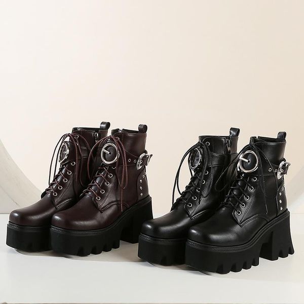 

boots ankle punk woman fashion zipper belt buckle boot women single ladies platform shoes size 44, Black