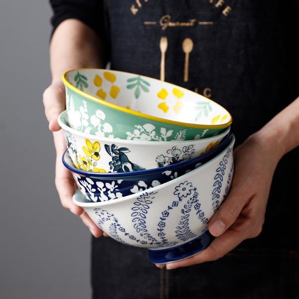 

bowls 6inch ceramic household instant noodle rice bowl thickening anti- soup hand-painted salad dessert