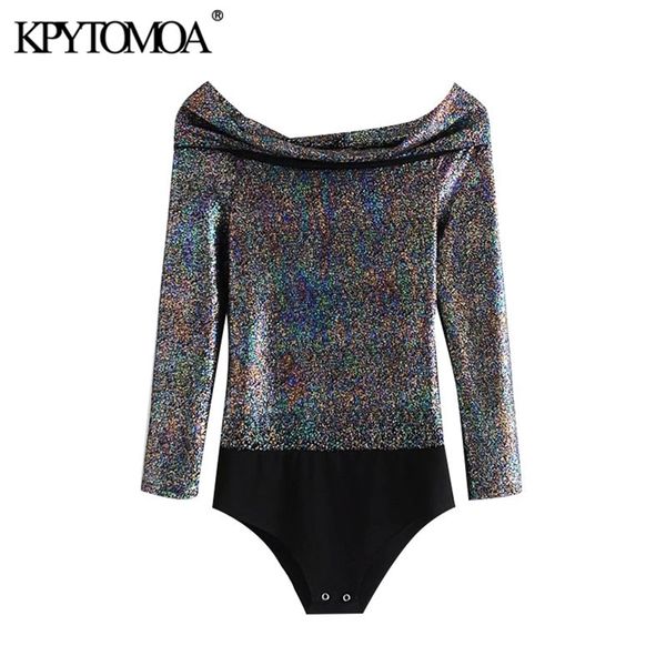 

women fashion snap-button shiny sequin bodysuits vintage slash neck long sleeve female playsuits mujer 210420, Black;white