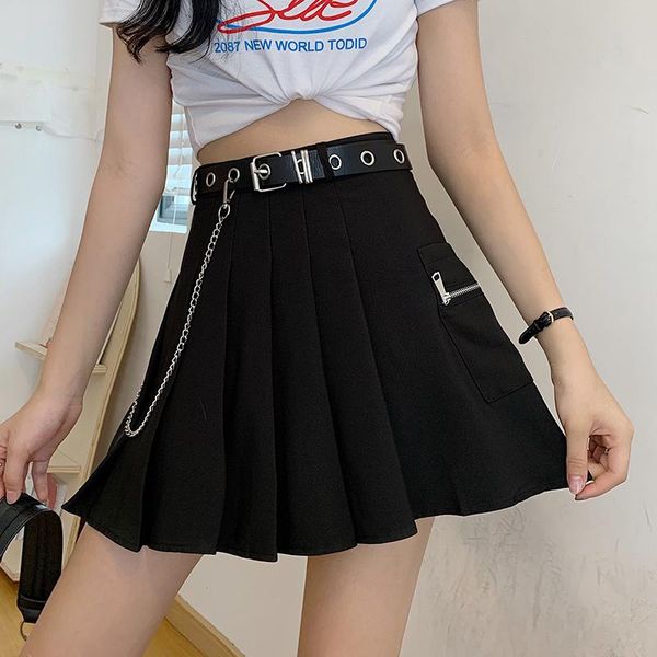 

skirts 2021 summer pleated skirt female high waist chain belt functional wind black short looks thin and cool