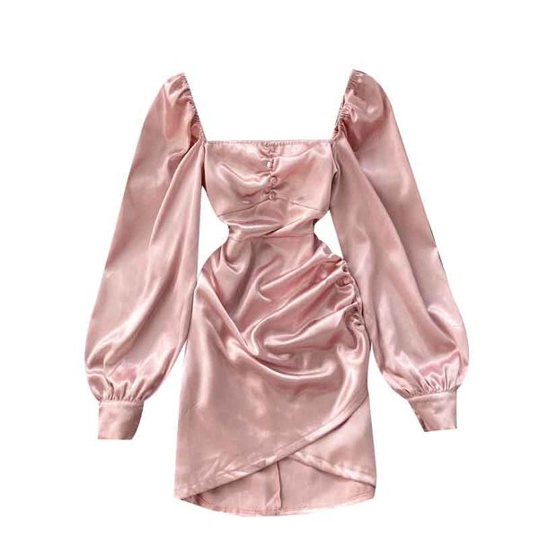 

2021spring autumn womens satin dress retro black square neck 2021 new long sleeve mini vestidos female gd580, Black;gray