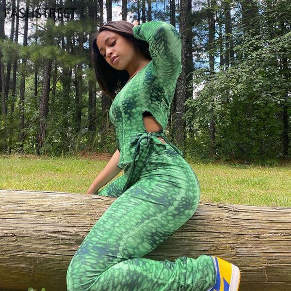 

women's tracksuits fashstreet one shoulder snake print green high waist pants two peice set for women fall clothes lace up casual outdo, Gray