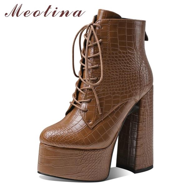 

boots meotina women fashion pu leather super high heel platform thick ankle lace up ladies autumn white 34-43, Black