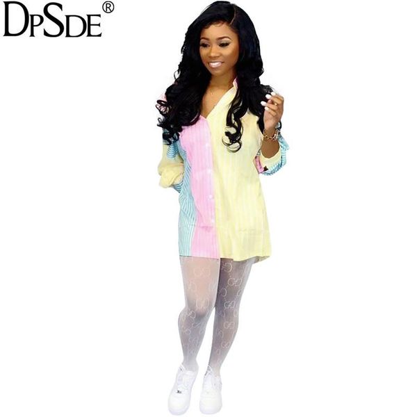 

casual dresses dpsde colorful spliced loose short women dress v neck full sleeve patchwork streetwear stripe autumn 2021, Black;gray