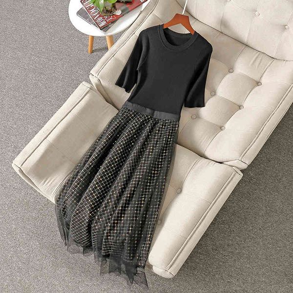 

casual dresses spring 1/2 half sleeve round neck black knitted plaid tulle panelled sequins mid-calf dress elegant nm1221031116 cjqm, Black;gray