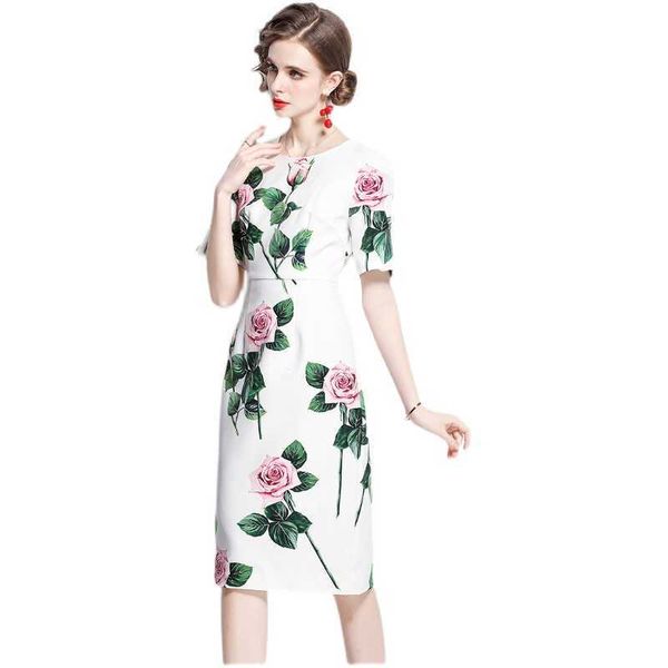 

women summer designer elegant rose print slim office party robe female vintage bodycon pencil sheath dress vestidos 210525, Black;gray