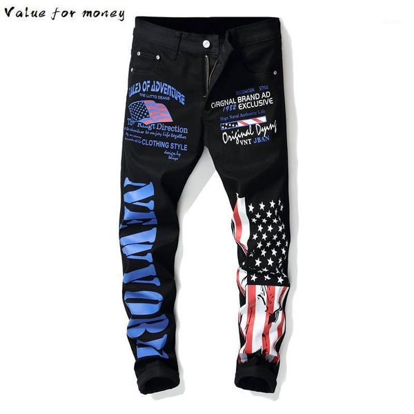 

pants printing digital men's slim flower elastic black casual jeans straight colored painted stretch, Blue