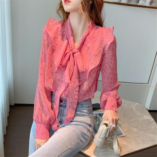 

women's blouses & shirts autumn women bowknot chiffon blouse long sleeve high fashion sweet pink ruffles shirt female casual wear wn75, White