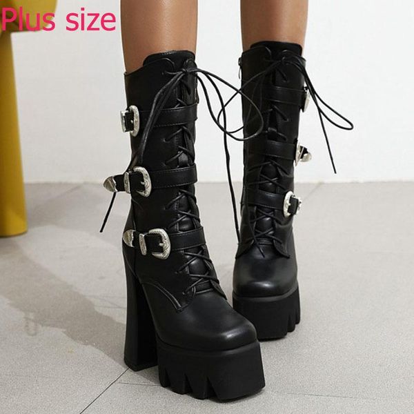 

boots chunky high heels black women metal buckle punk style shoes on platform winter motorcycle demonia goth y2k