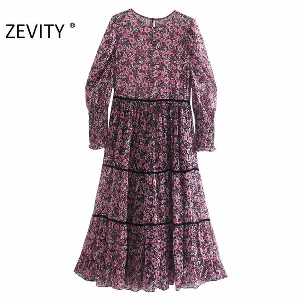 

zevity women vintage o neck flower print patchwork chiffon midi dress female pleats puff sleeve casual slim party vestido ds4606 210409, Black;gray