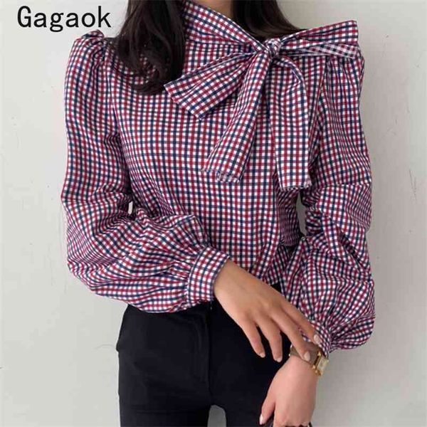 

women blouse elegant spring autumn turtleneck puff sleeve full bow plaid korean slim chic fashion blouses 210531, White