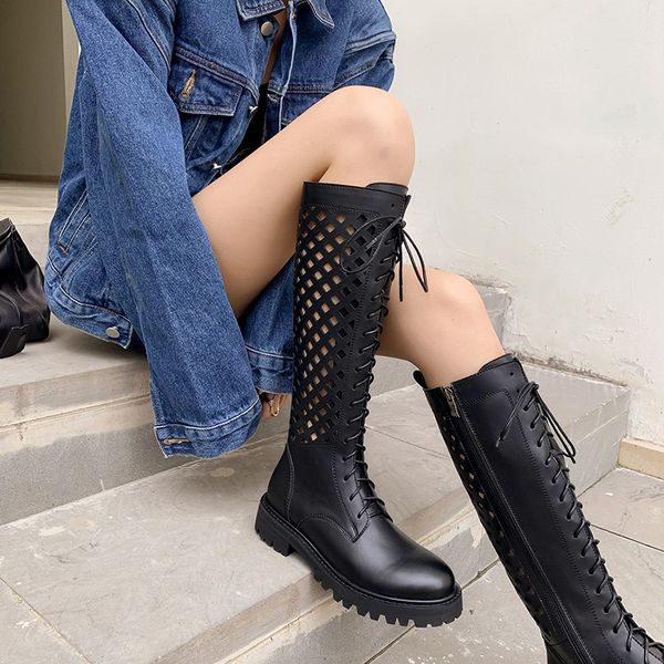 

same style of hole 2021 summer and autumn bandage hollow out knight thick heel leather boot, Black