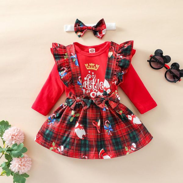 

clothing sets toddler baby girls christmas set crown & letter print long sleeve ruffles playsuit + plaid overalls bowknot headband outfits, White
