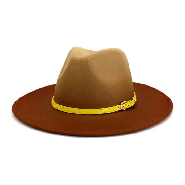 Gradiente Fedora chapéu para mulheres outono inverno homens moda borda larga jazz chapéus com cinto de couro amarelo casual lã roll