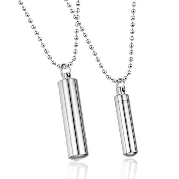 

pendant necklaces stainless steel men jewelry case holder cylinder memorial necklace 2 sizes beaded chain 24", Silver