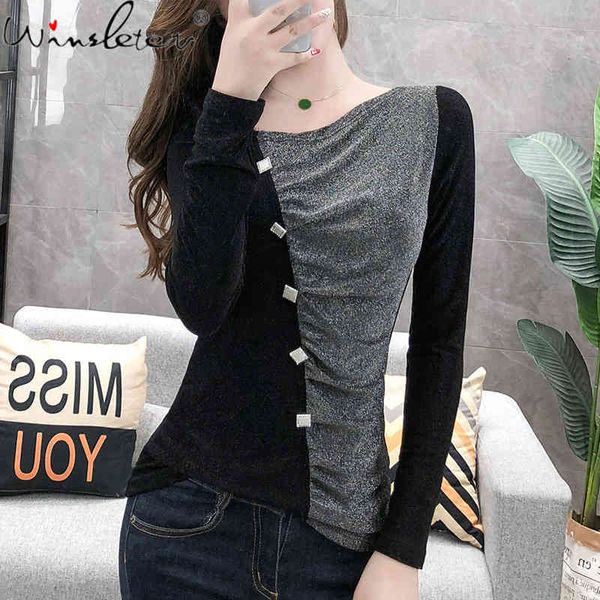 

women's t-shirt spring women color block patchwork tshirt shiny long sleeve fashion chic buttons bottoming female tees t07007, White