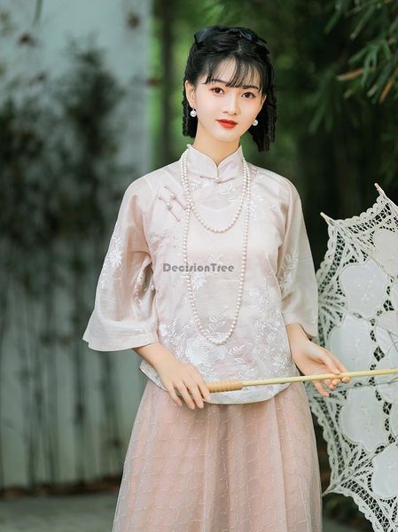 

ethnic clothing 2021 woman qipao chinese traditional cheongsam vintage floral print satin shirts, Red