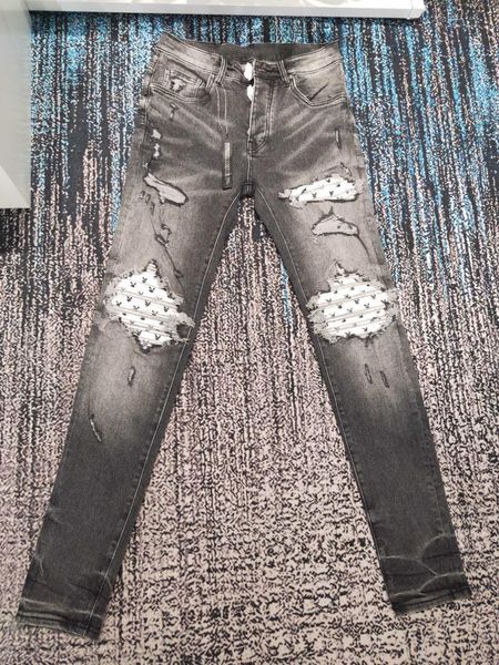 

men's jeans men white prints pu leather patch distressed skinny, Blue