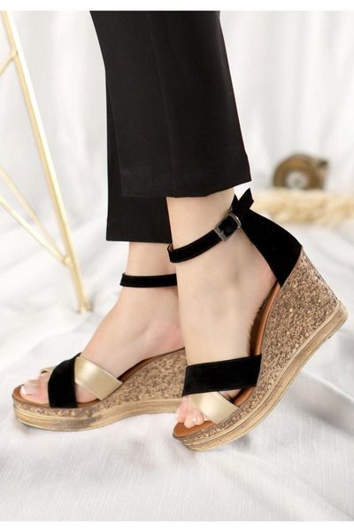 

petro black suede gold detailed fill heel sandals