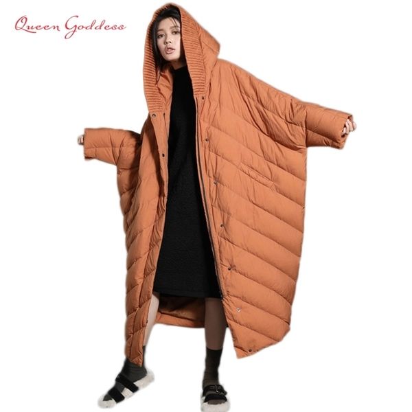 

winter coat bat sleeved fashion style loose and causal trend womens super long plus size down jacket hood parkas 210913, Black