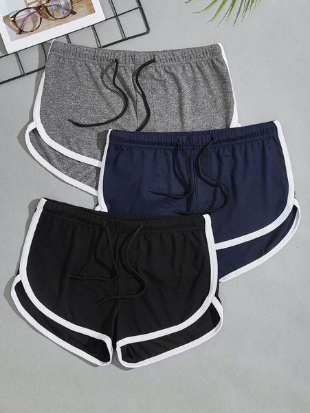 

men 3pcs contrast binding drawstring waist pj shorts w7ny#, Black;brown