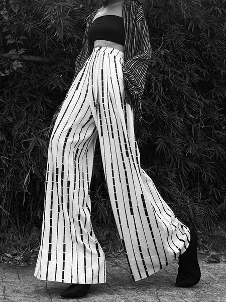 

women's jeans 2021 spring and summer white fashionable print black stripe wide leg casual high waist slim straight tube drape long pant, Blue