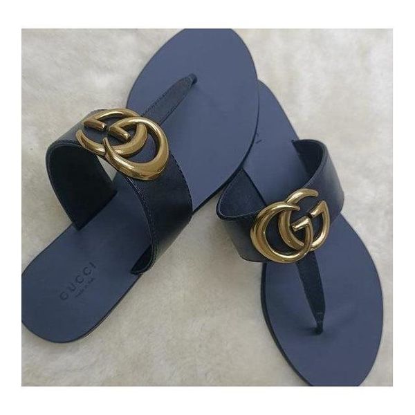 

slippers sandals european and american new flat heel flat bottom flip flop metal double g button leather women's slipper clip foot clip, Black