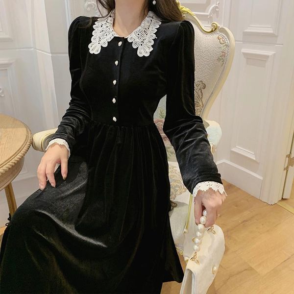 

lucyever long sleeves vintage velvet dresses for women autumn sweet elegant midi dress woman party evening black mujer casual, Black;gray