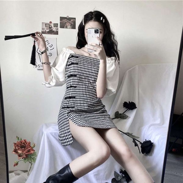 

dress short children's bubble sleeve cheongsam shows high and thin design, one shoulder plaid skirt, Black;gray