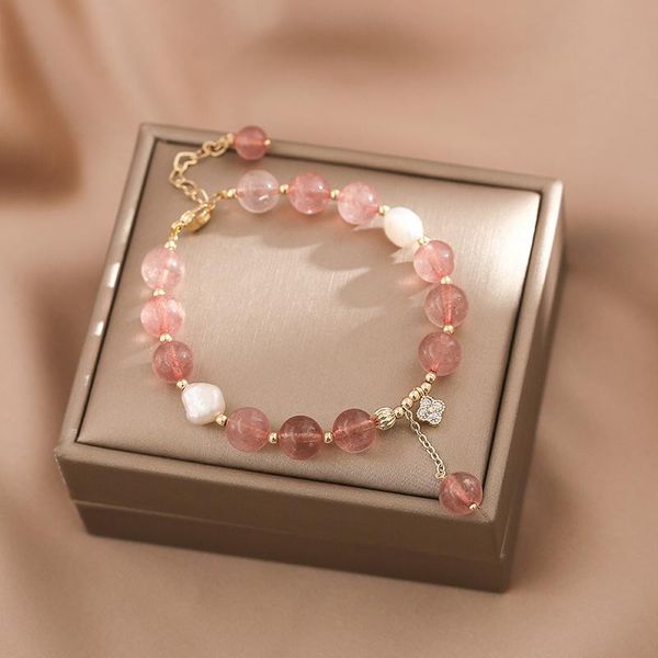 

beaded, strands elegant strawberry crystal bracelet peach blossom minority baroque natural pearl gift, Black