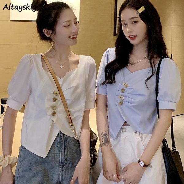 

women's blouses & shirts irregular short sleeve women design button square collar puff-sleeve elegant all-match crop chic mujer, White