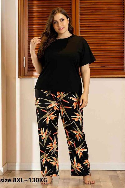 

plus size 8xl 130kg women sleepwear o neck short sleeve pajamas sets women black and pants big size home, Black;red
