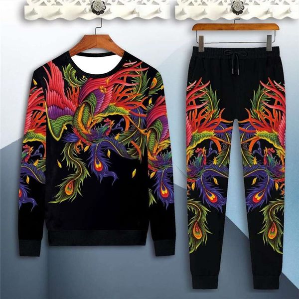 

men's tracksuits pants + long-sleeved t-shirt suit autumn and winter fashion trend printing youth casual clothes comfortable -4xl, Gray