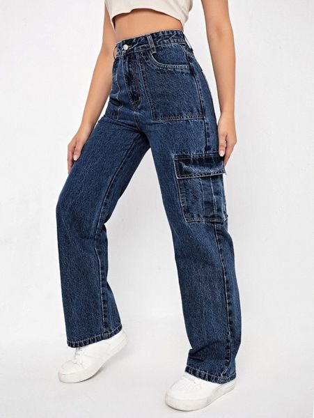 

high waist cargo jeans m5fp#, Blue