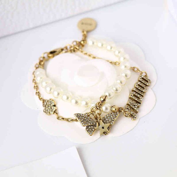 

d family pearl bracelet female di butterfly double tassel letter high version, Golden;silver