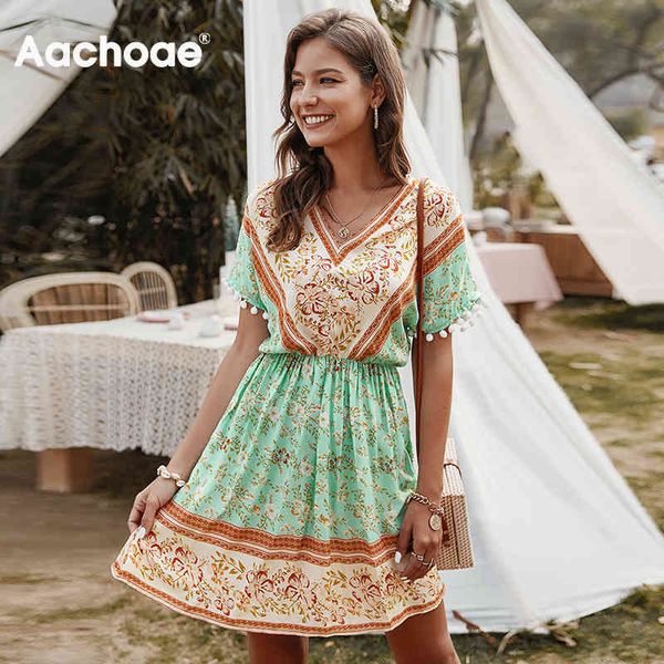 

summer floral print boho v neck mini beach batwing short sleeve loose casual pleated dress vestidos mujer 210413, Black;gray
