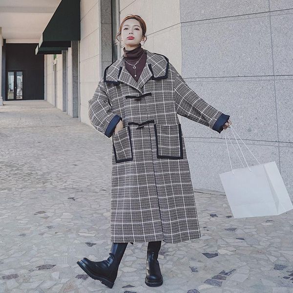 

women's wool & blends vintage plaid horn button hooded long coat autumn winter women thicken cotton padded jacket overcoat plus size tr, Black