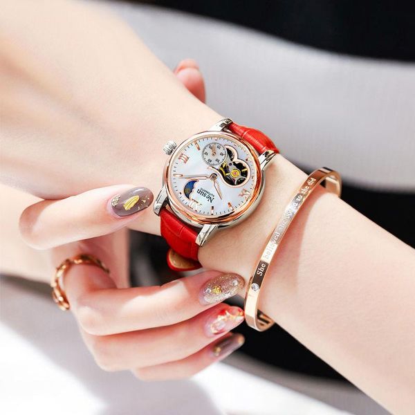 

wristwatches female student korean style simple women's watch moon phase hollow automatic mechanical nesun, Slivery;brown