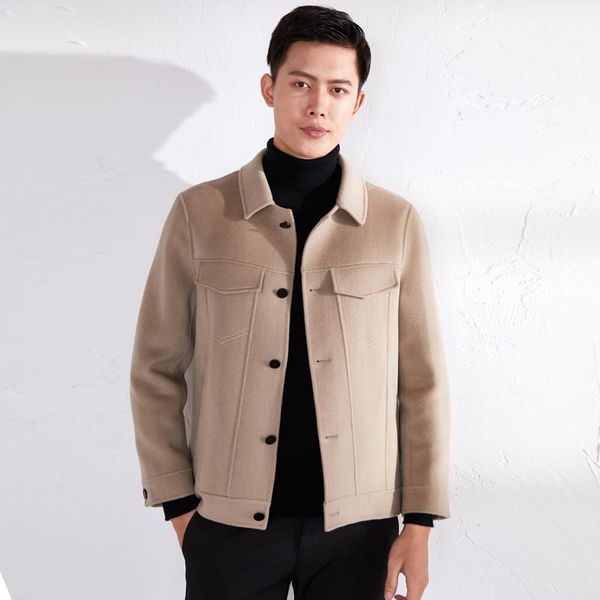 

men's wool & blends double face woollen cloth lapel button down korean casual coat autumn and winter short, Black