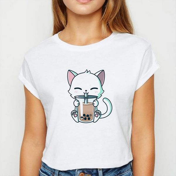 

cat drinking tea with milk womens t shirts oversize spring summer easy matching round collar, White