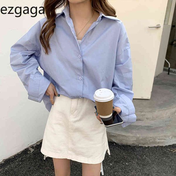 

ezgaga office lady shirts spring long sleeve single breasted solid loose korean elegant women blouse casual streetwear 210430, White