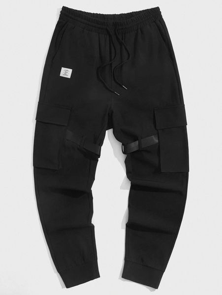 

men patched detail strap pocket patched pants b4do#, Black