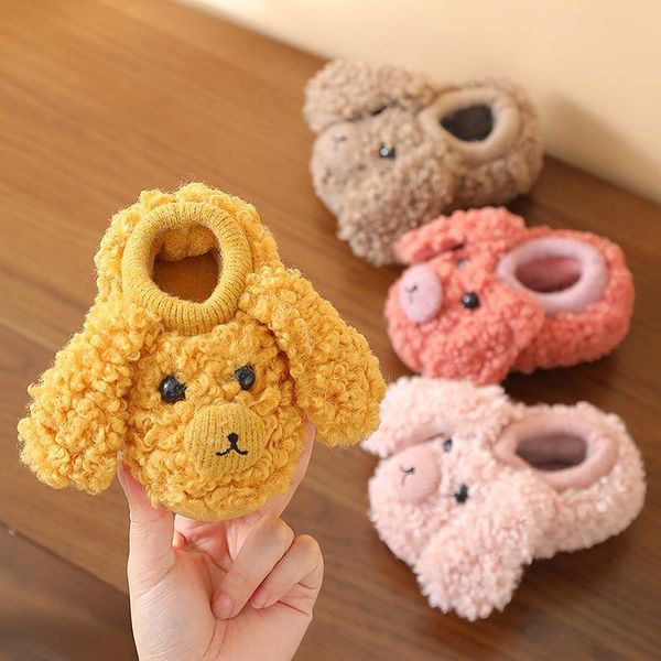 

beautiful kids cartoon slippers children winter warm shoes girls boys indoor flock bedroom cotton slipper, Black;grey
