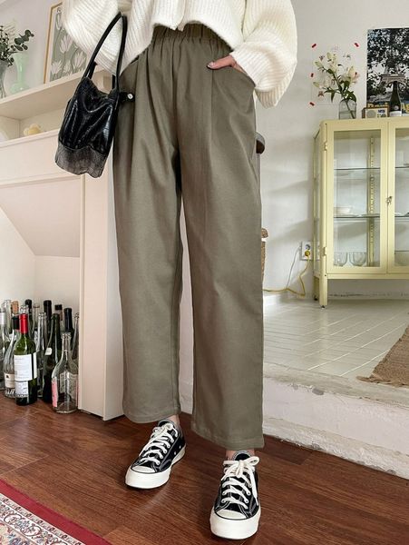 

dazy elastic waist slant pocket pants a3w4#, Black;white