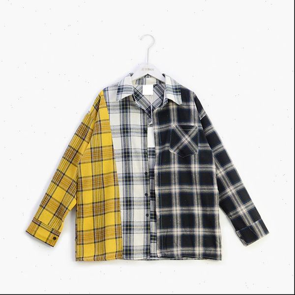 

fannic plaid korea fashion women blouses plus size casual spring autumn splice shirts, White