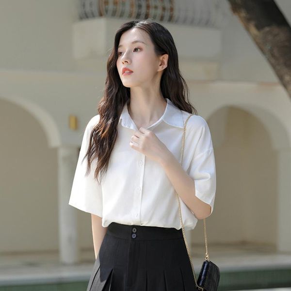 

women's polos short-sleeved white blue pink ]women's summer thin shirt all-match temperament straight tube literature