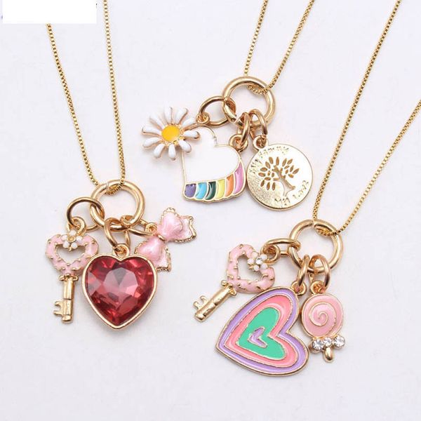 

girls necklaces pendants jewelry kids accessories cute love chain drop oil alloy children's accessory b8002, Red;brown